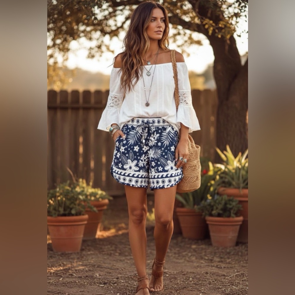 C&C California Linen Blend Tropical Floral Shorts Navy White Cowrie Shell Size 2